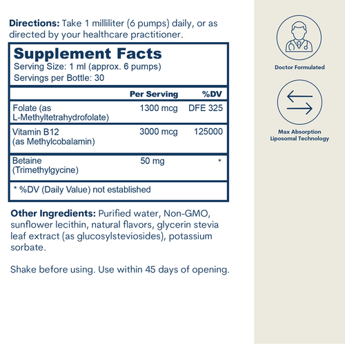 Liposomal B-12 Folate TMG - Liquid Spray (1 FL OZ/ 30 Servings) by Core Med Science