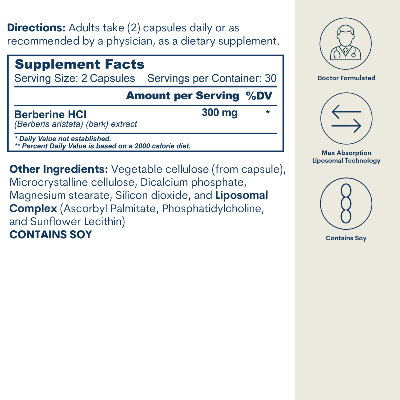 Liposomal Berberine 300mg - Capsules (60 count / 30 servings) by Core Med Science