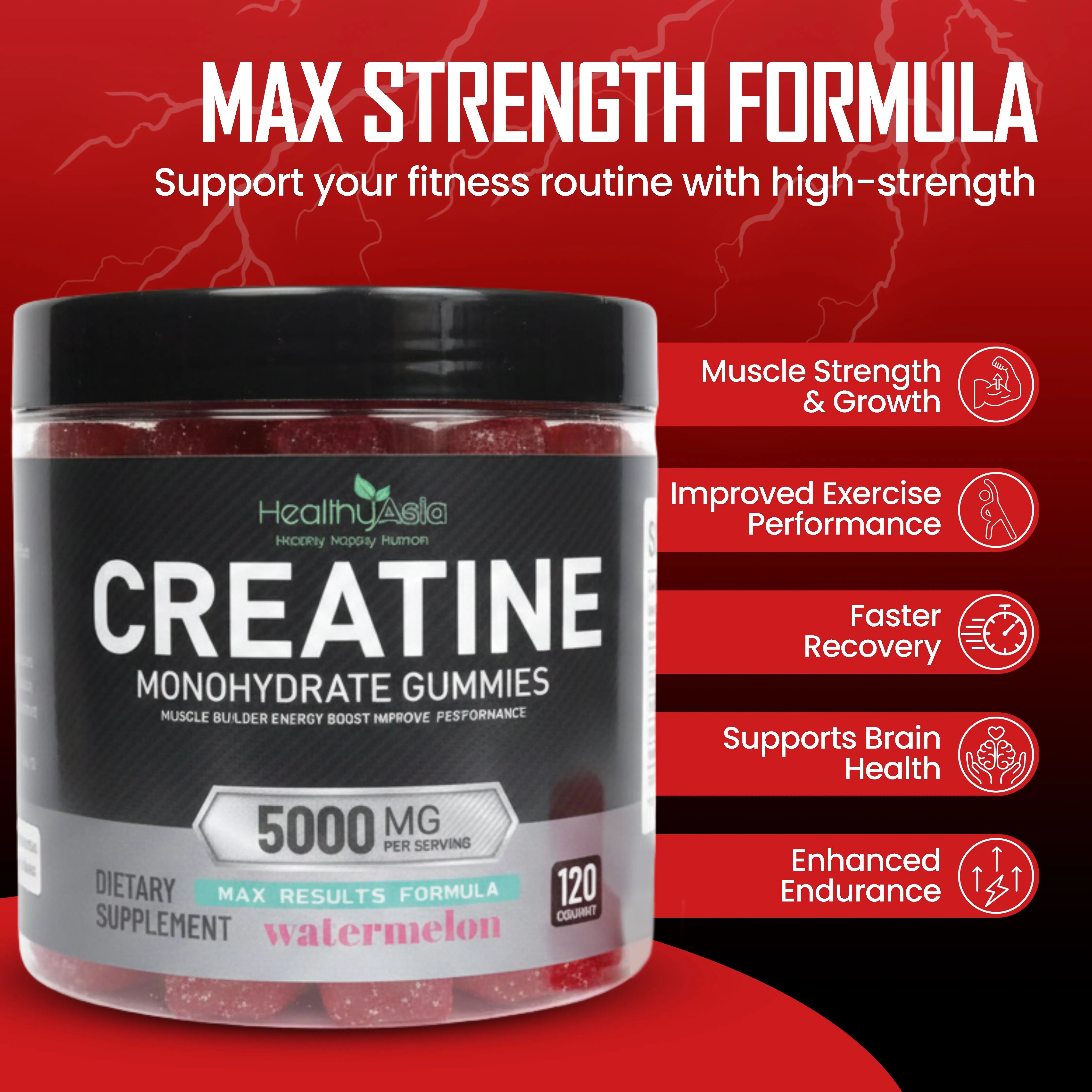 HealthyAsia Black Label Creatine Monohydrate Gummies - MAX RESULTS Formula (Watermelon) by HealthyAsia