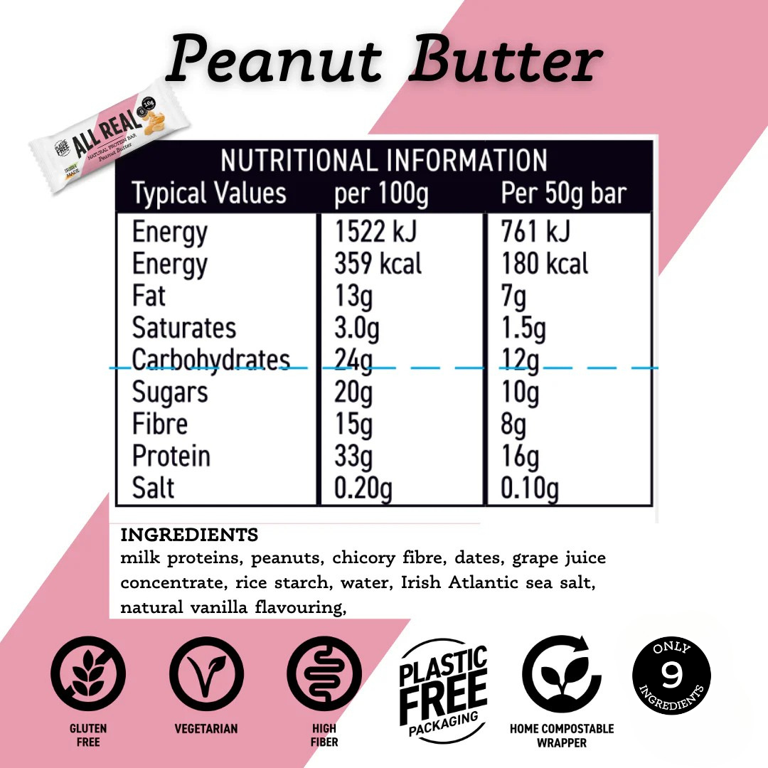 Peanut Butter Protein Bar 50g x 12 bars by All Real Nutrition US
