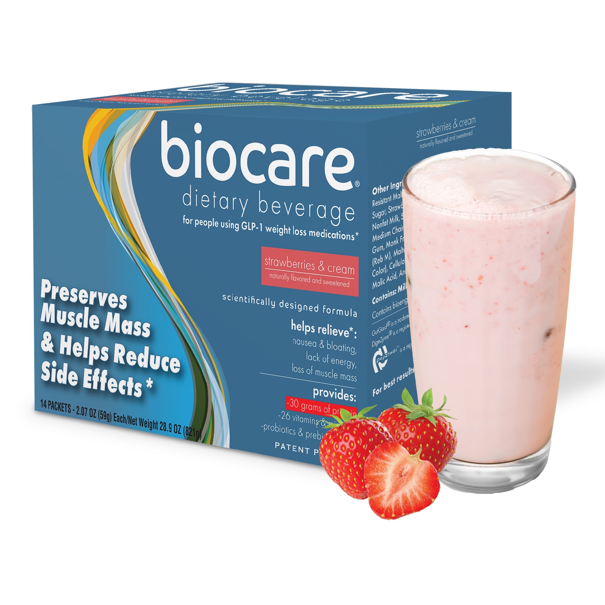 30G Protein Strawberries & Cream Biocare Dietary Beverage (14-Servings) by Biocare