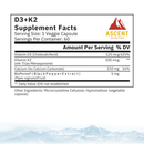 D3 + K2, 60 Capsules, 125 mcg D3 + 100 mcg K2 by Ascent Nutrition