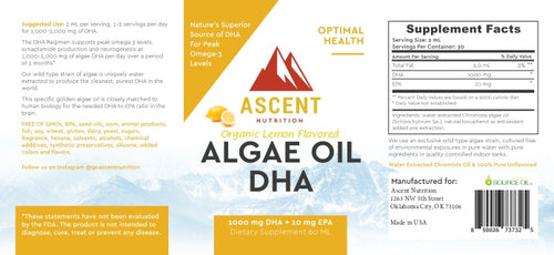 Algae Oil DHA Omega-3's - Vegan and Vegetarian, 1000 mg by Ascent Nutrition