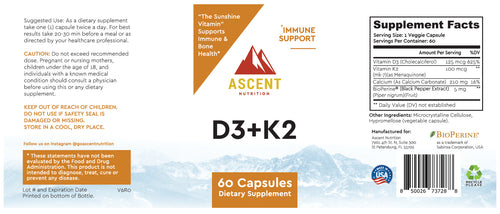 D3 + K2, 60 Capsules, 125 mcg D3 + 100 mcg K2 by Ascent Nutrition