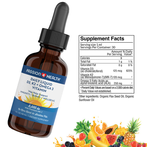 Daily Liquid D3, K2 + Omega 3 Vitamin by Passion 4 Health